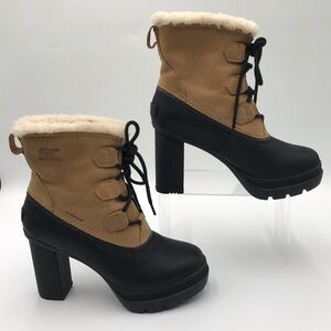 SOREL Womens Tan and Black Waterproof Heeled Winter Boots
